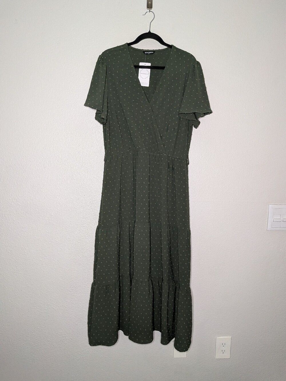New Mascomoda Olive Green Clip Dot Texture Housewife Midi Faux Wrap Dress XL NWT